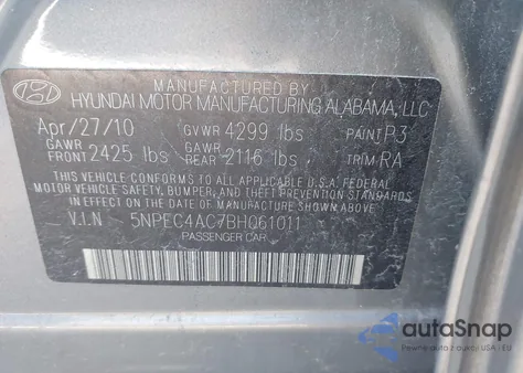 2011 Hyundai Sonata Se z USA, uszkodzony, nr VIN 5NPEC4AC7BH061011
